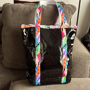LeSportsac Daily Tote, Black Patent with Colorful striping and handles, NWT